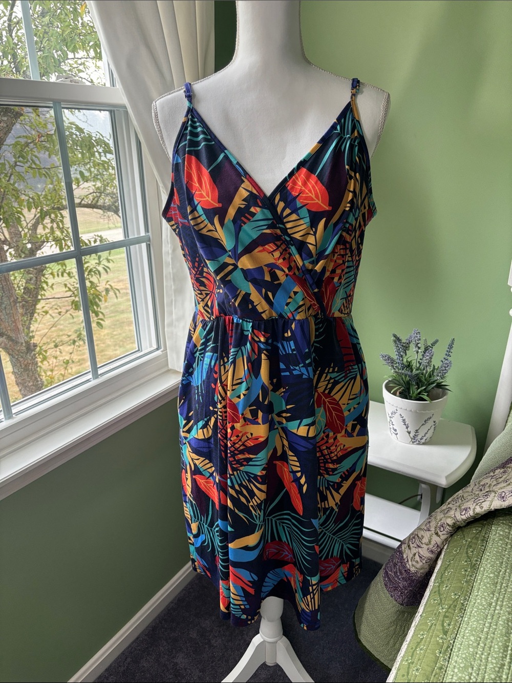 Tropical Leaf Print Spaghetti Strap Dress - Navy Base with Multicolor Leaves